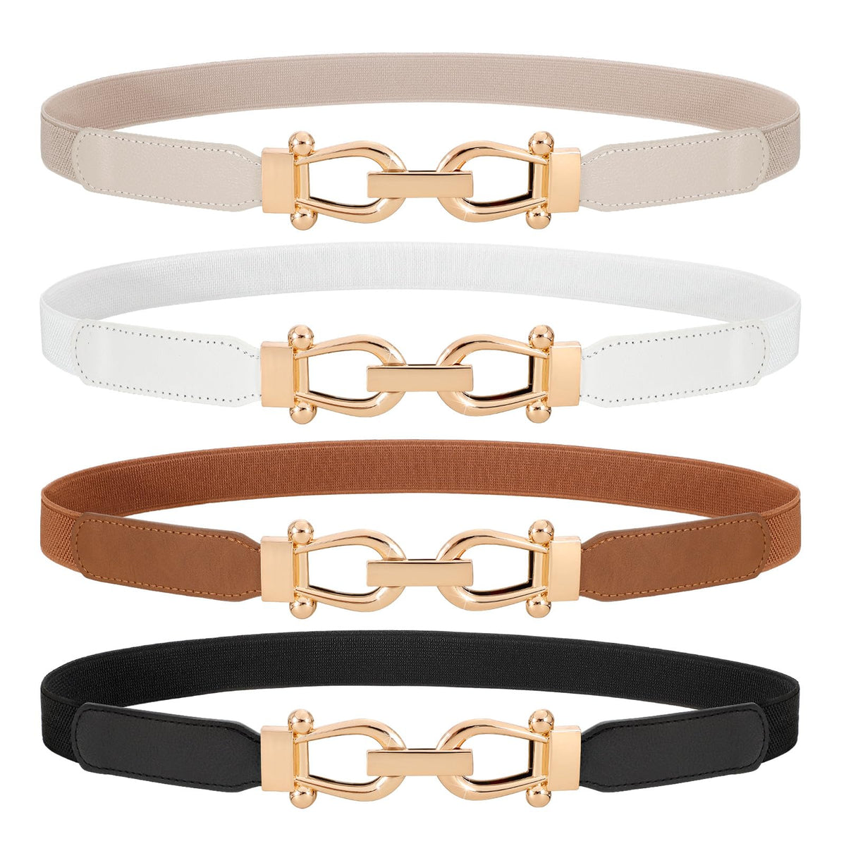 WERFORU 4 Pack Women Skinny Elastic Waist Belt Gold Buckle Stretchy Thin Belt for Jeans Dress