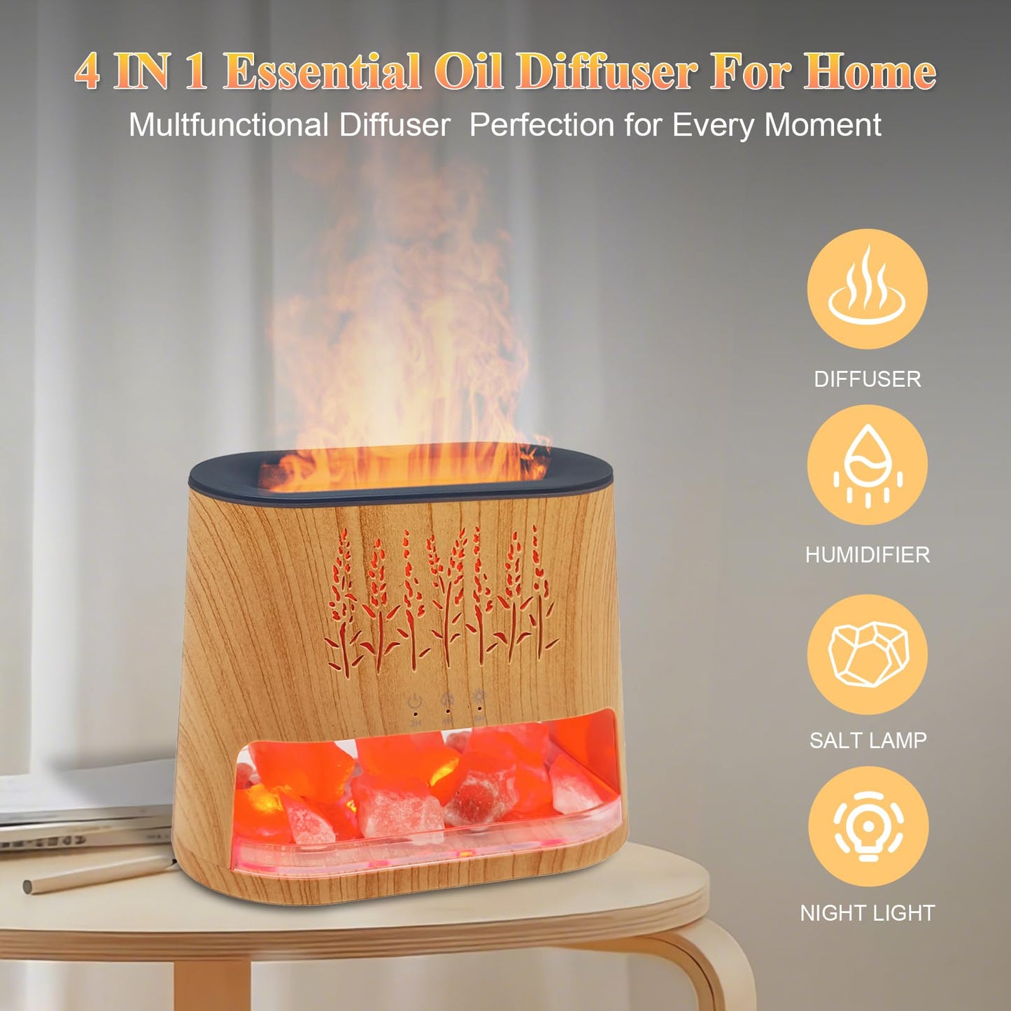 Fireplace Flame Diffuser & Himalayan Salt Lamp, 8 Colors Aromatherapy Diffuser Cool Mist Humidifier with Timer Auto Off Function for Home, Bedroom, Offie,Yoga