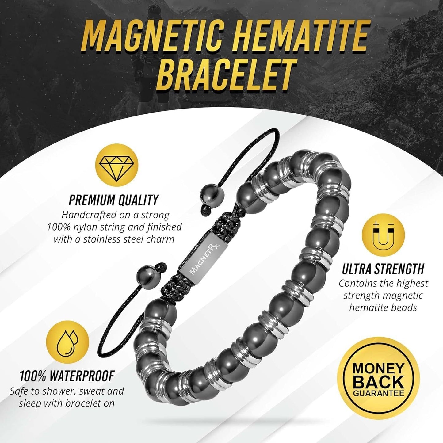 MagnetRX® Magnetic Hematite Bracelet – MAX Strength Magnetic Stones – Beaded Magnetic Bracelets for Men and Women (Silver Titan 8mm Bead)