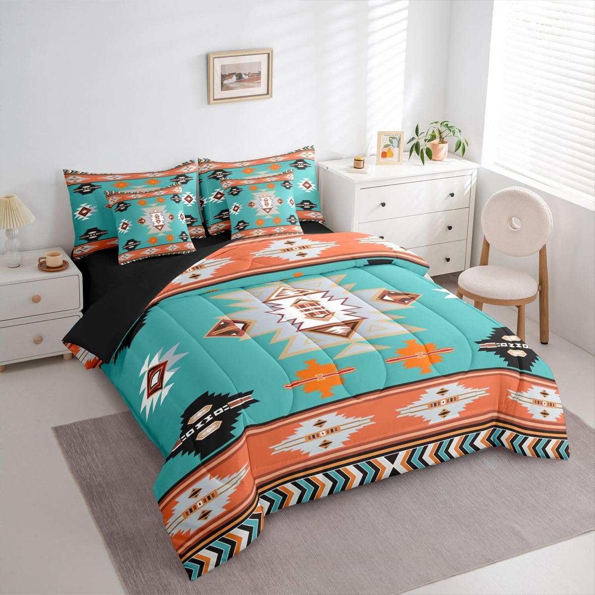 Erosebridal Western Twin Comforter Set with Sheets | Southwestern Decor Geometric 7-Piece Bedding Set Farmhouse Aztec Bed in a Bag, Stripes Diamond Triangle Bed Sets,Teal