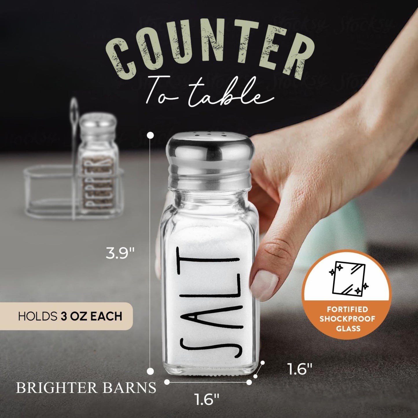 Clear Glass Salt and Pepper Shakers Set with Holder by Brighter Barns - Dining Table Countertop Accessories, Farmhouse Kitchen Decor - Glass Shakers with Caddy for Restaurant, BBQ, Camping, RV (Clear)