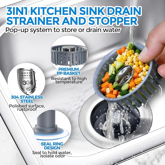 zaa 2 Pack Sink Drain Strainer, Sink Stopper, 3 in 1 Stainless Steel Kitchen