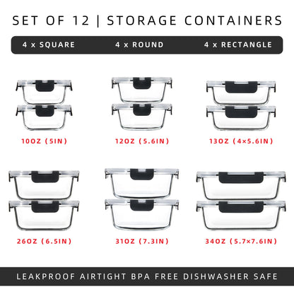 FAWLES 12 Pack Glass Meal Prep Containers with Airtight Lids, Leak-Proof Food Storage Containers, Dishwasher/Microwave/Oven/Freezer Safe Glass Containers for Lunch, Leftovers, to Go (Grey)