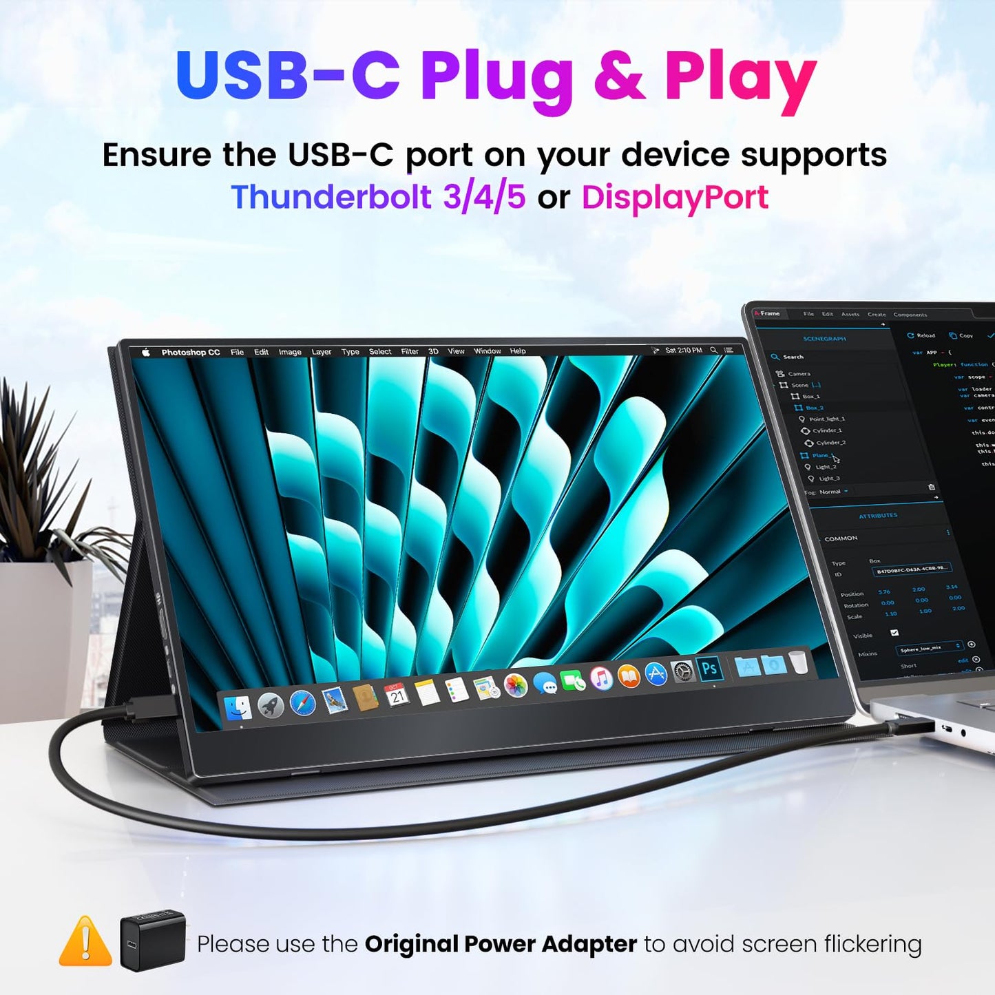 Portable Monitor 15.6" FHD 87% sRGB 60Hz IPS HDR HDMI USB-C Travel Monitor for Laptop MacBook PC Surface PS5 Xbox, External Display with Kickstand & Speakers, VESA Compatible