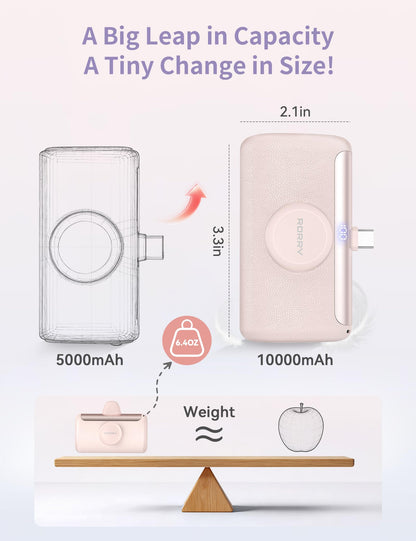 RORRY PalmGo Portable Charger, 10000mAh PD 22.5W Fast Charging Mini Power Bank with Built-in USB C Connector, 3-in-1 Battery Pack for iPhone 17/16/15 Pro/Max, Apple Watch Ultra/11/10/SE, iPad, White