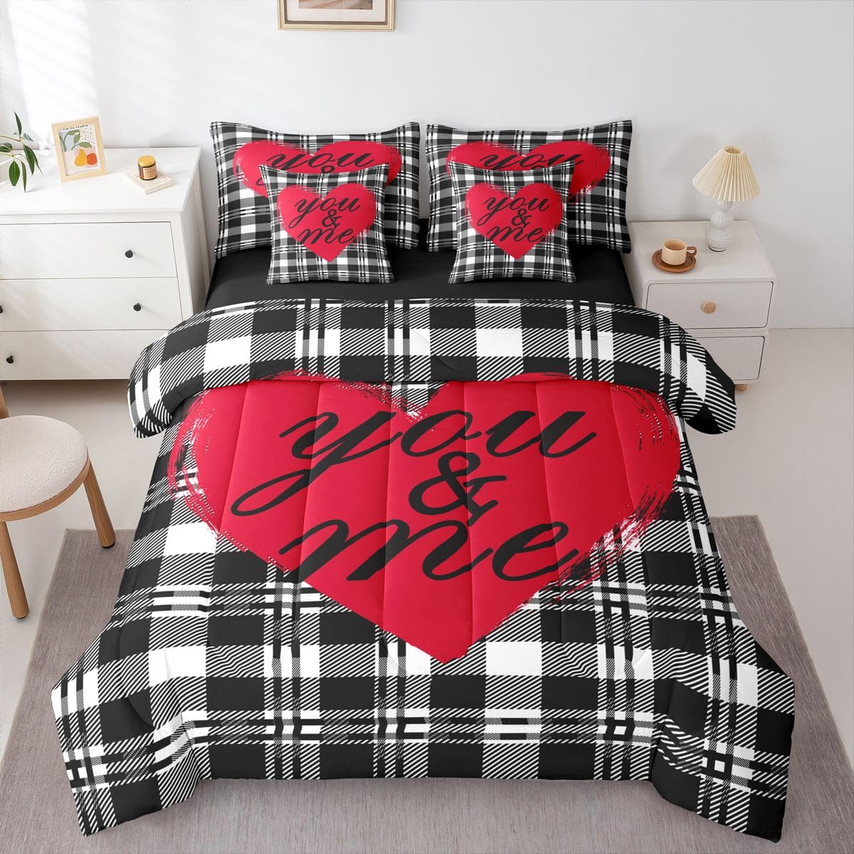 You and Me Bed in a Bag Queen Comforter Set 7-Piece | Valentines Day Decorations Bedding Sets Black and White Grid Comforter and Sheet Set, Geometric Checkerboard Lattice Buffalo Plaid Room Decor