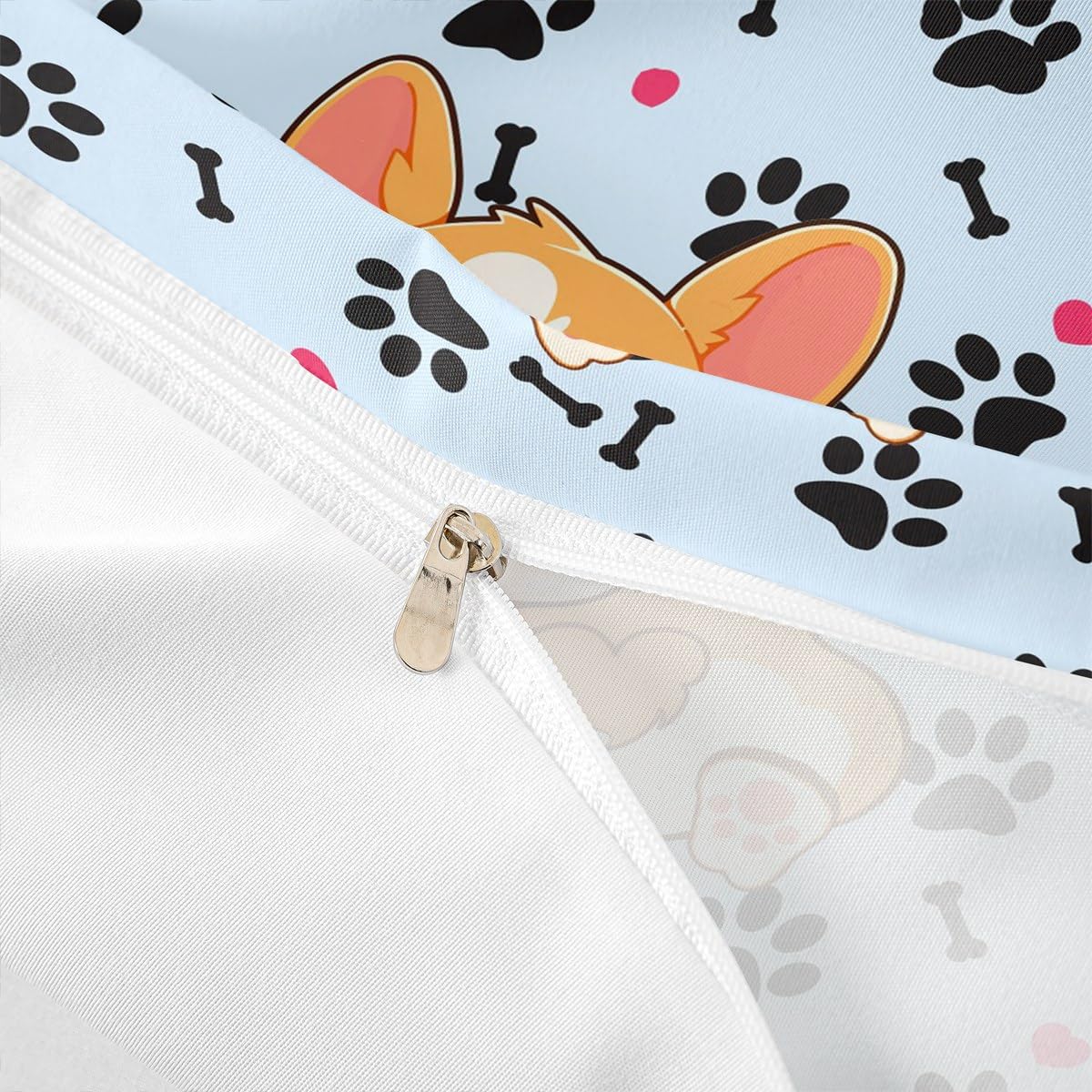 Cute Corgi Duvet Cover Set King Size,Cartoon Dog Footprint Bones Bedding Set 3pcs for Kids Boys Girls Room Decor,Smiling Doggy Comforter Cover Family Paw Quilt Cover with 2 Pillowcases,Blue