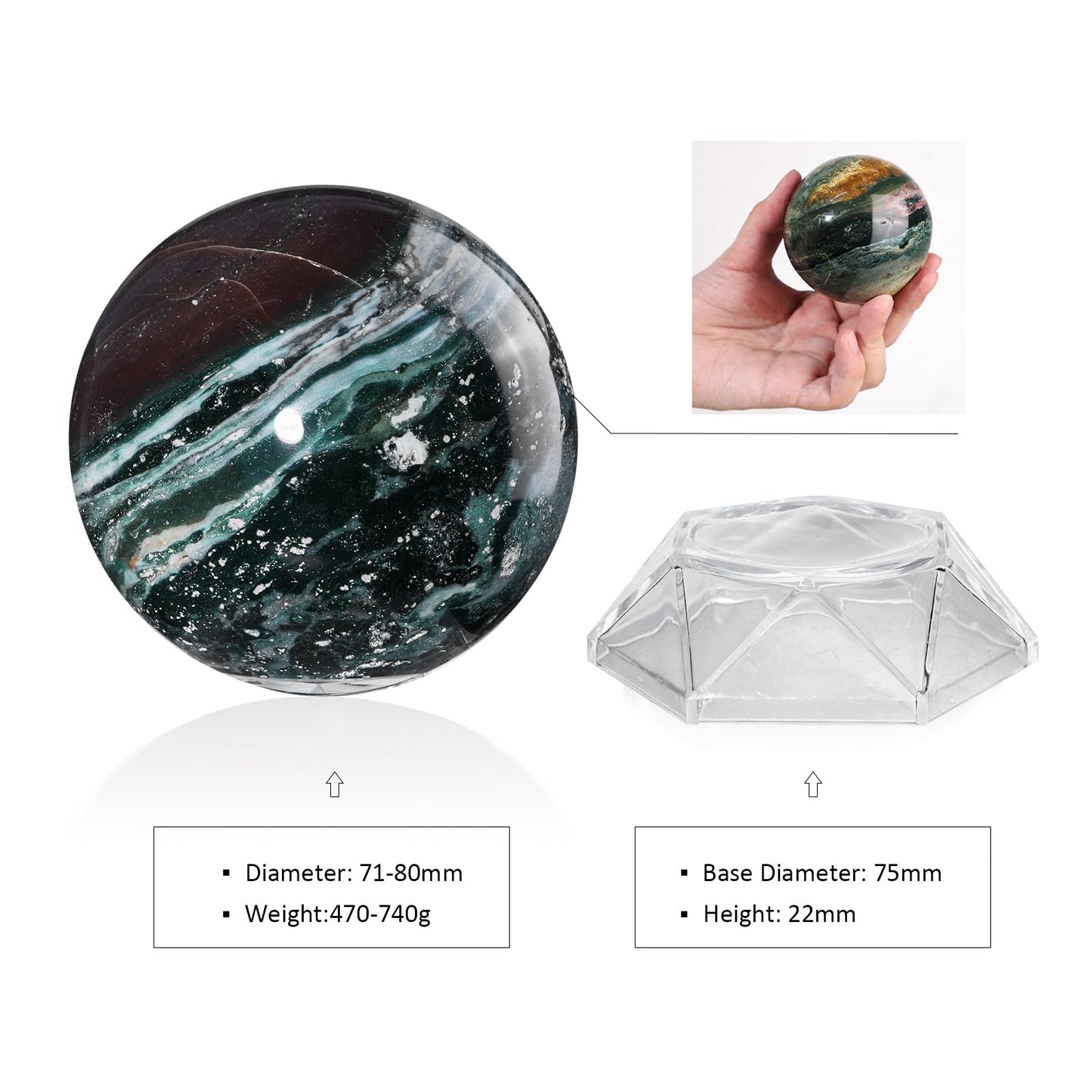 Sportmusies Natural Ocean Jasper Sphere and Acrylic Stand Home Office Decoration, Polished Stone Ball Reiki Healing Meditation, 2.79-3.14 inches
