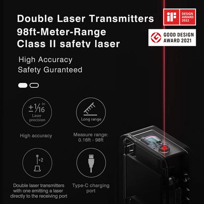 HOTO Laser Measuring Tool, Pocket-Size 98Ft Laser Tape Measure ±2mm Accuracy, USB-C Rechargeable, OLED Display, Ft/M/in Unit, Real-time Data Sync, Gifts for Men Women Mom Dad, Cool Gadgets & Home Use