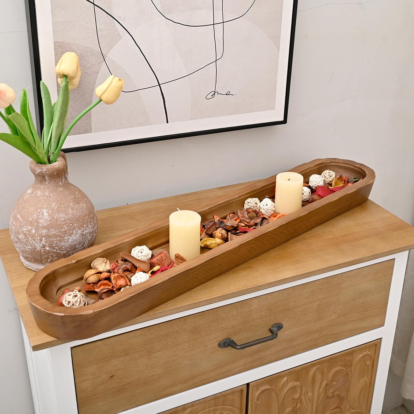 SwallowLiving Rustic Hand Carved Decorative Wood Dough Bowl, Approx 30-Inch Large Bread-Shaped Centerpiece, Long Wooden Bowl for Home Decor