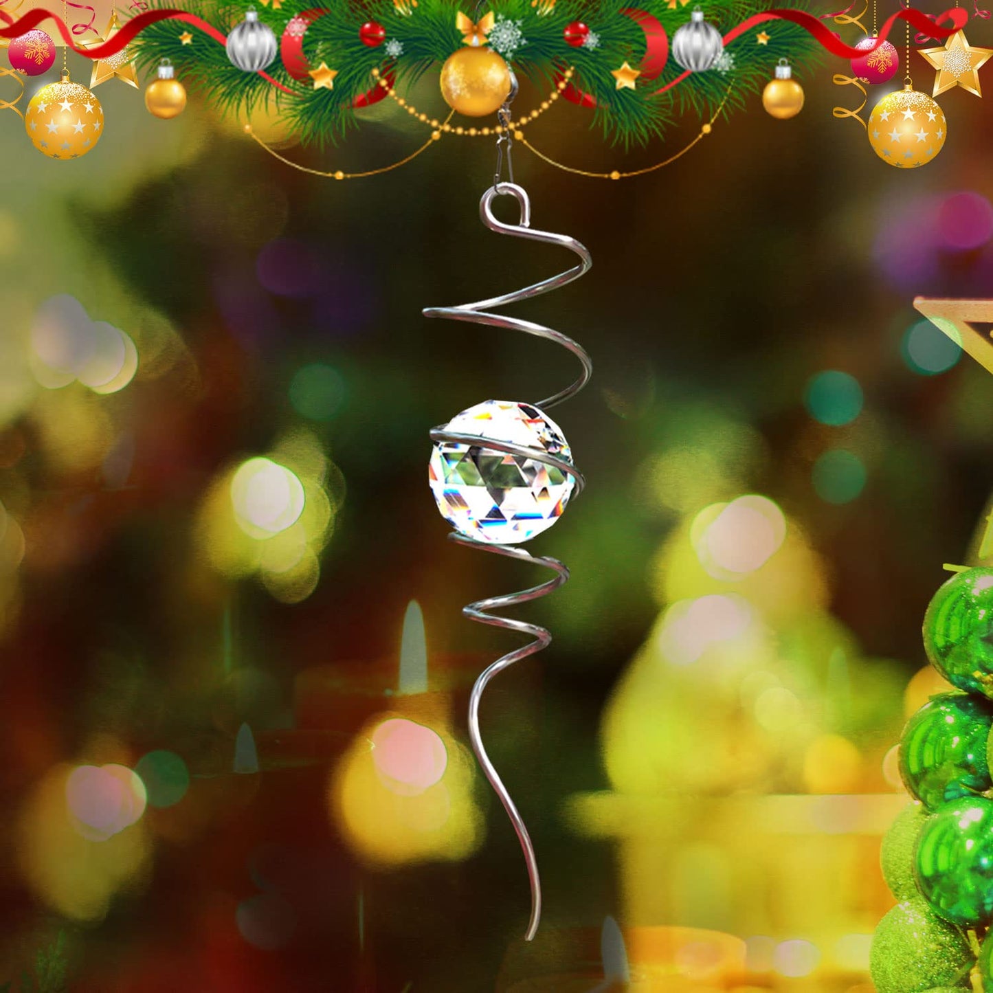 LJLIFART Gazing Ball Spiral Decorative Wind Spinner 13 Inch with Swivel Hook and 2 inch Clear Crystal Ball Unique Gift and Hanging Decor for Indoor Outdoor Garden Decoration