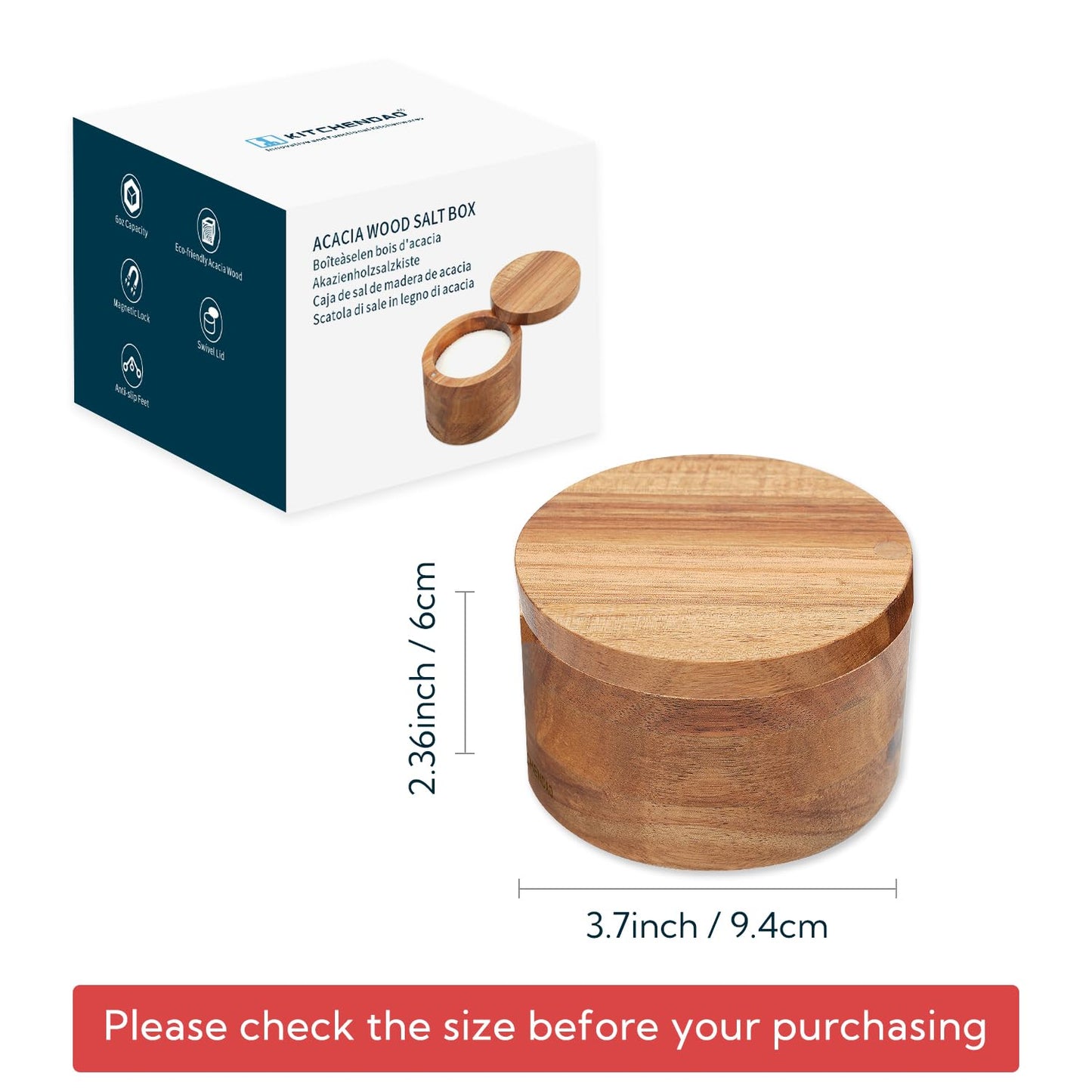 KITCHENDAO Acacia Wood Salt Cellar Bowl Box, Elegant Kitchen Holder Container with Swivel Magnetic Lid to Store Favorite Seasonings Pepper Spice or Bath, 6oz