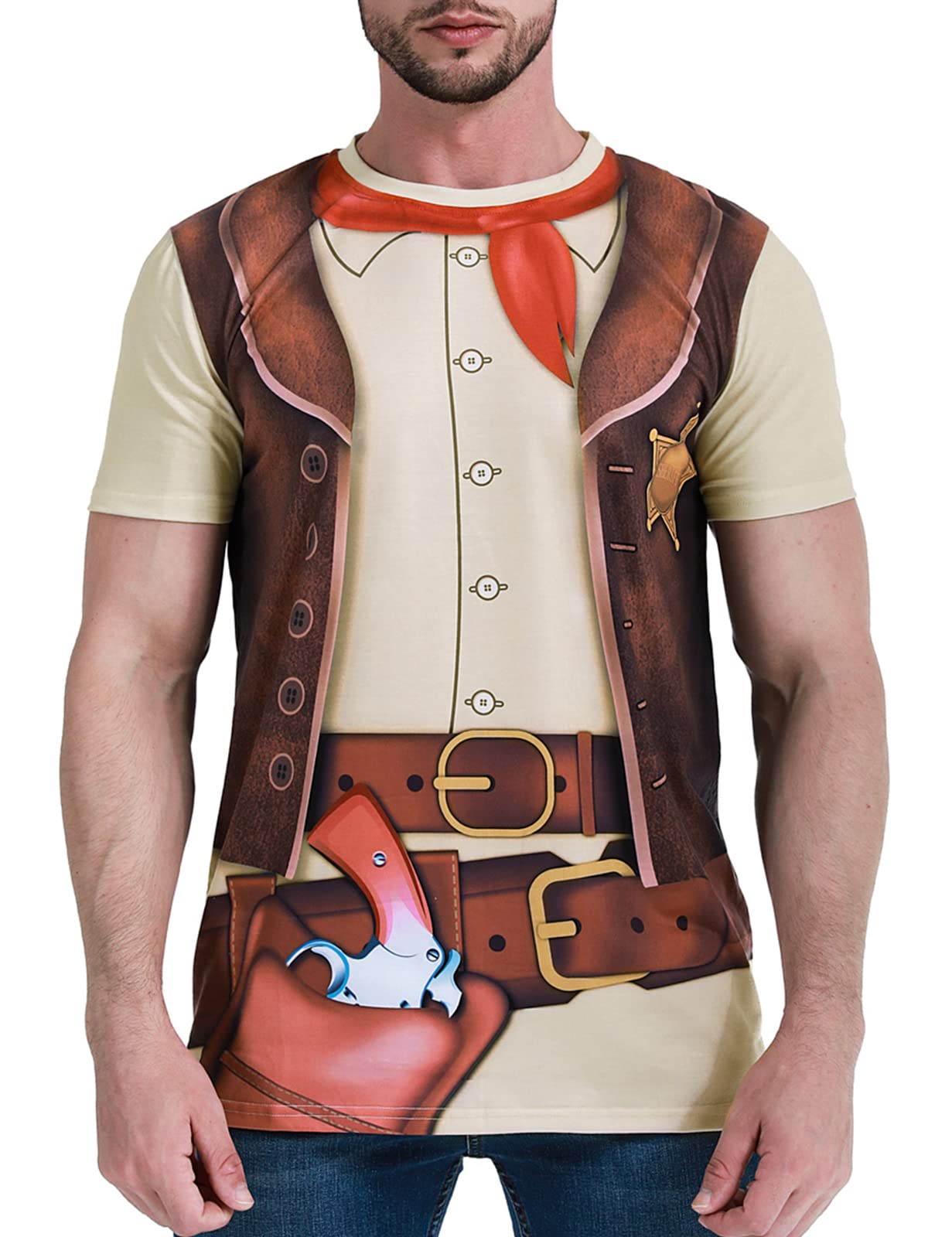 Funny World Men's Western Cowboy Costume T-Shirts, X-Large, Brown