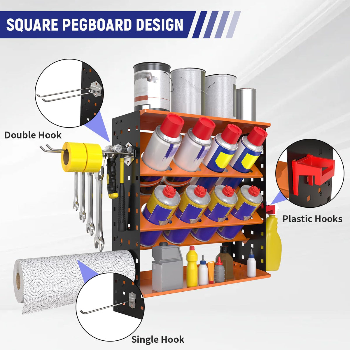 Wall Mount Spray Can Holder, Aerosol Spray Bottle Holder Storage Rack, Heavy-Duty Paint Bottle Organizer with 8 Can Holes & 4 Steel Hooks, 4 Plastic Hooks for Garage, Shop, Home or Tool Trailer