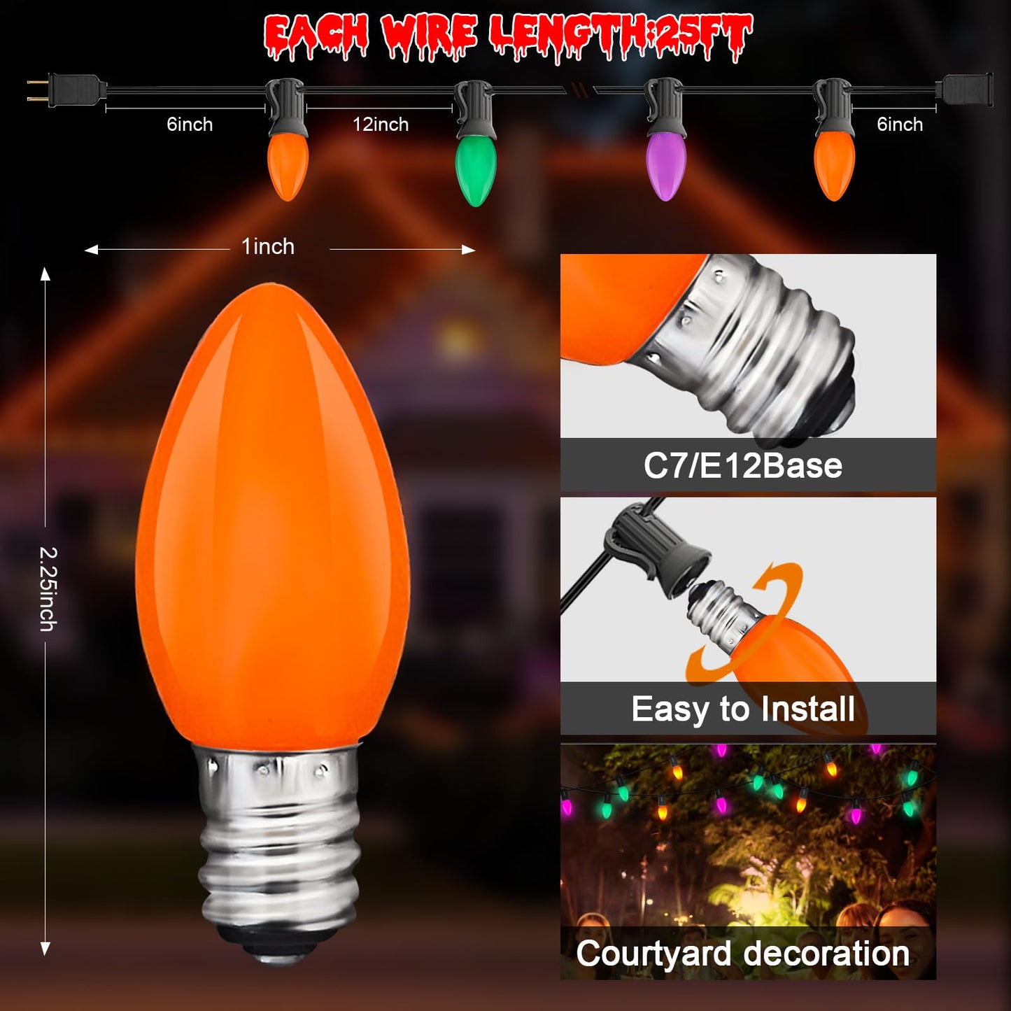 Halloween Lights, 25Ft C7 LED String Lights with Orange, Purple & Green Bulbs, Energy-Efficient, Waterproof, UL Certified for Outdoor & Indoor Halloween Yard, Porch, Patio, Garden Decorations