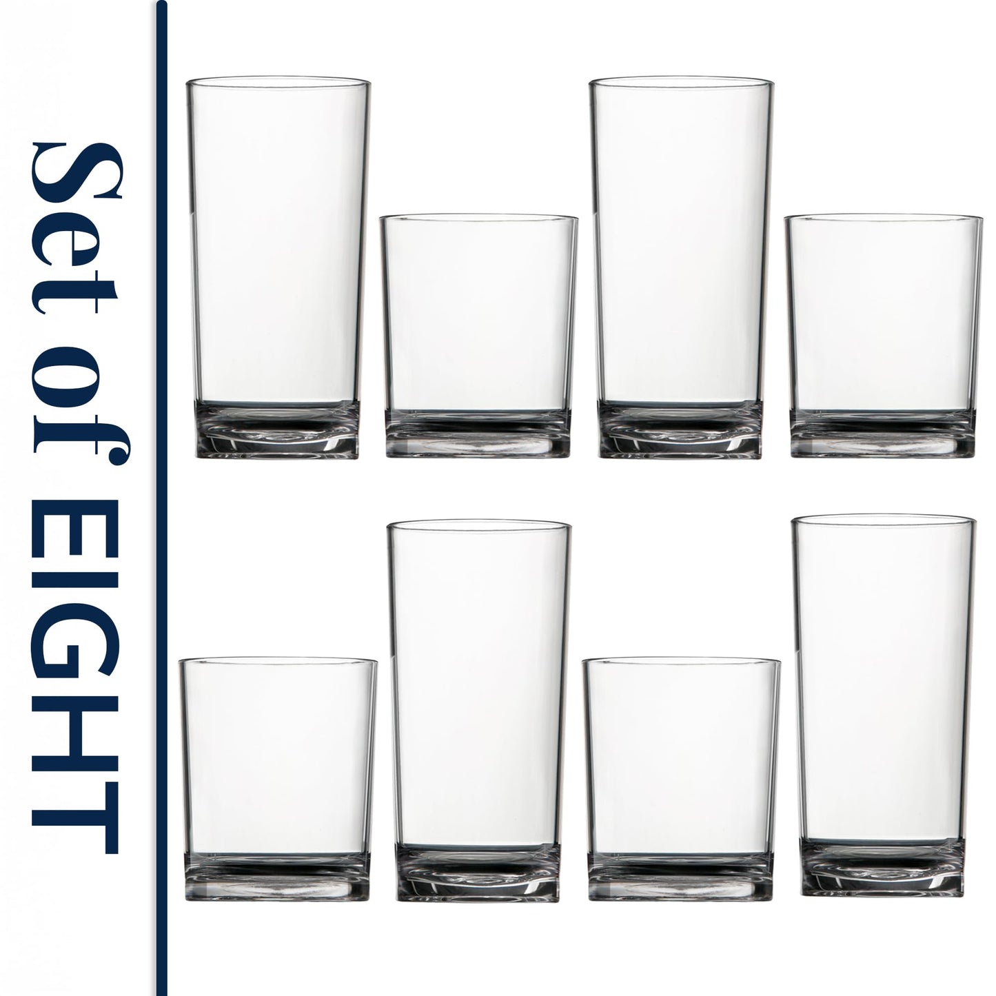 US Acrylic Classic Clear Plastic Reusable Drinking Glasses (Set of 8) 12oz Rocks & 16oz Water Cups | BPA-Free Tumblers, Made in USA | Top-Rack Dishwasher Safe