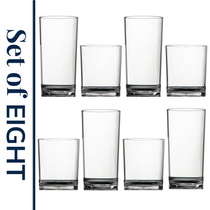 US Acrylic Classic Clear Plastic Reusable Drinking Glasses (Set of 8) 12oz Rocks & 16oz Water Cups | BPA-Free Tumblers, Made in USA | Top-Rack Dishwasher Safe