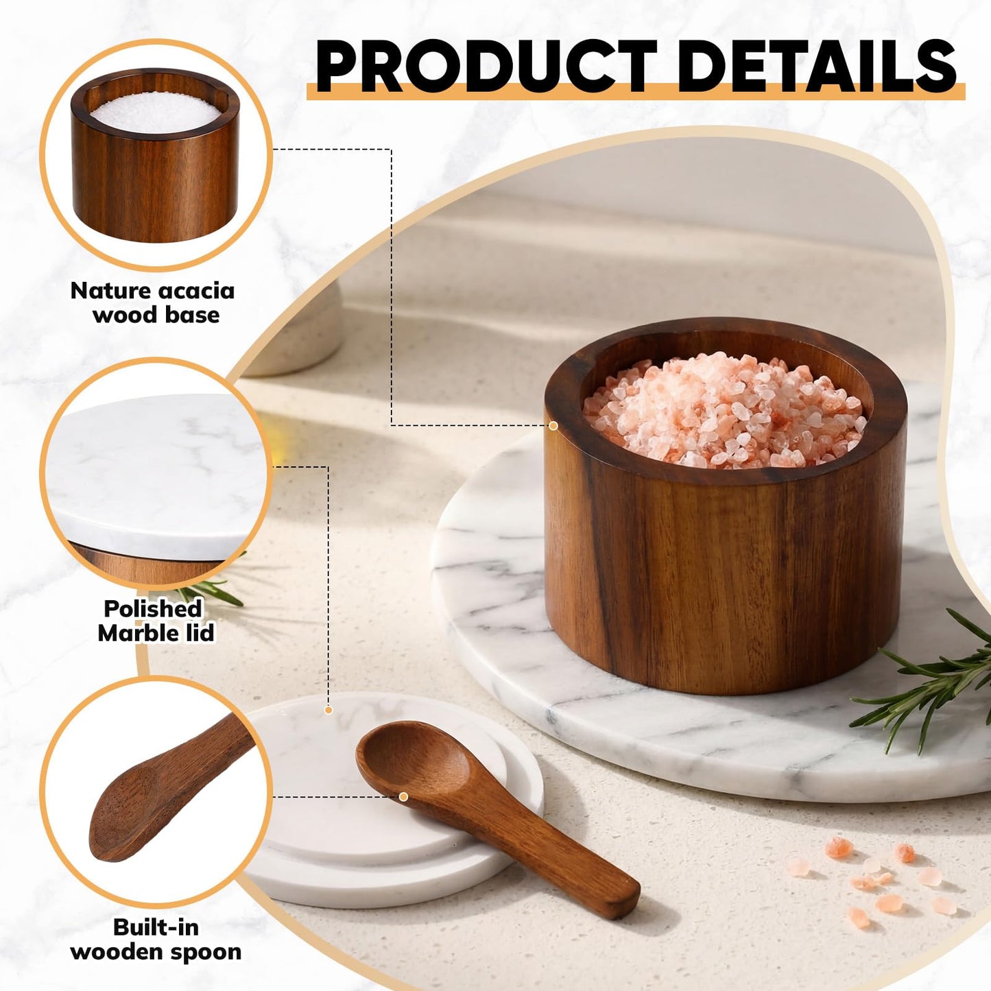 Singhoow 2 Pcs Acacia Wood Salt Cellar with Marble Lid Salt and Pepper with Spoon Natural Acacia Spice Container Decorative White Black Marble Cover for Kitchen Counter