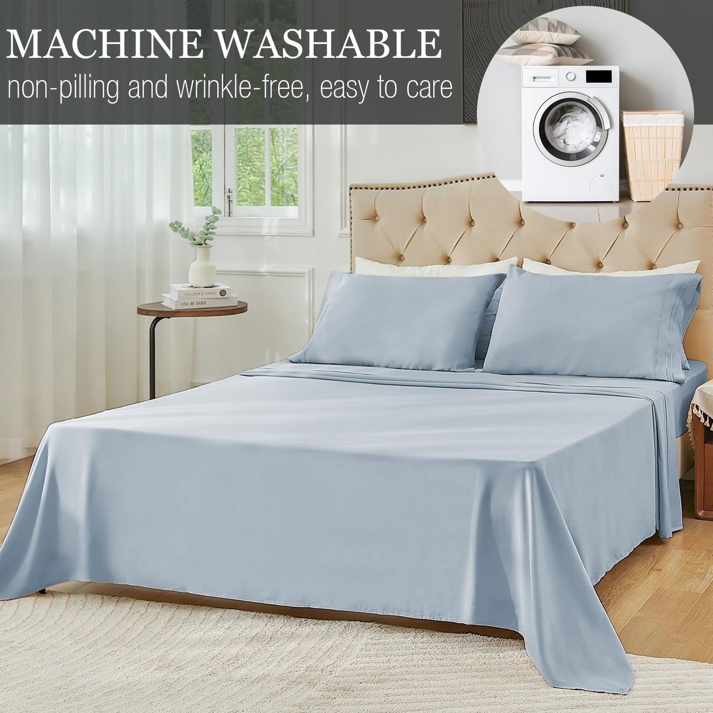 Yibeizi King Size Sheets Set Cooling Deep Pocket Bed Sheet Sets, Light Blue Soft Microfiber Oeko-Tex Hypoallergenic Sheets & Pillowcases Wrinkle Free Bedsheets