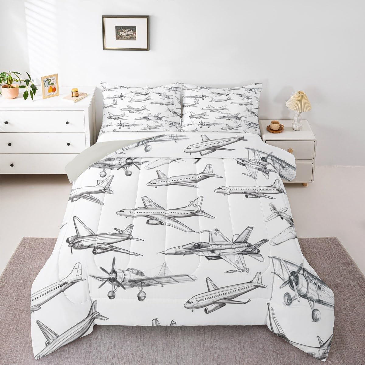 Homewish Airplane Comforter Set Twin Size Aircraft Bedding Set 2Pcs for Kids Girls Boys Teens Bedroom Decor Black White Sketch Print Quilt Set Flying Theme Duvet Insert,1 Pillowcase