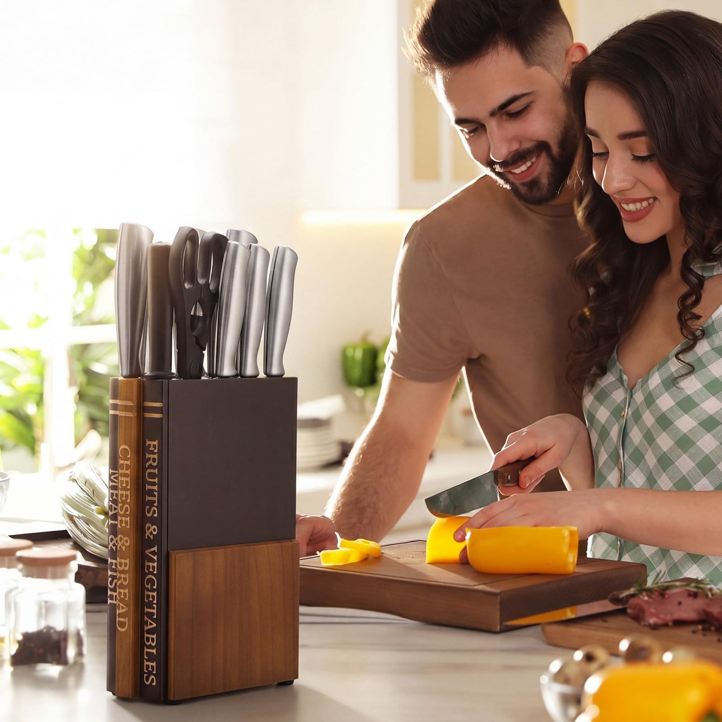 Book Knife Block Holder for Kitchen Countertop Wood Knife Block Without Knives 12 Slot Book Cutting Board Accessories Decorative Storage Organizer that Look Like Books Gift for Home Cooks