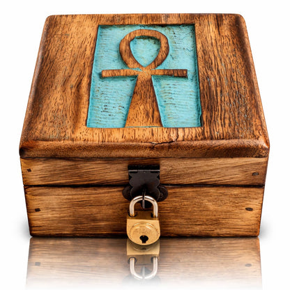 Handmade Decorative Wooden Jewelry Box With Ankh Carving Jewelry Organizer Keepsake Box Treasure Chest Trinket Holder Watch Box Storage Lock Box 4 x 4 Inches Housewarming Gifts (Blue)