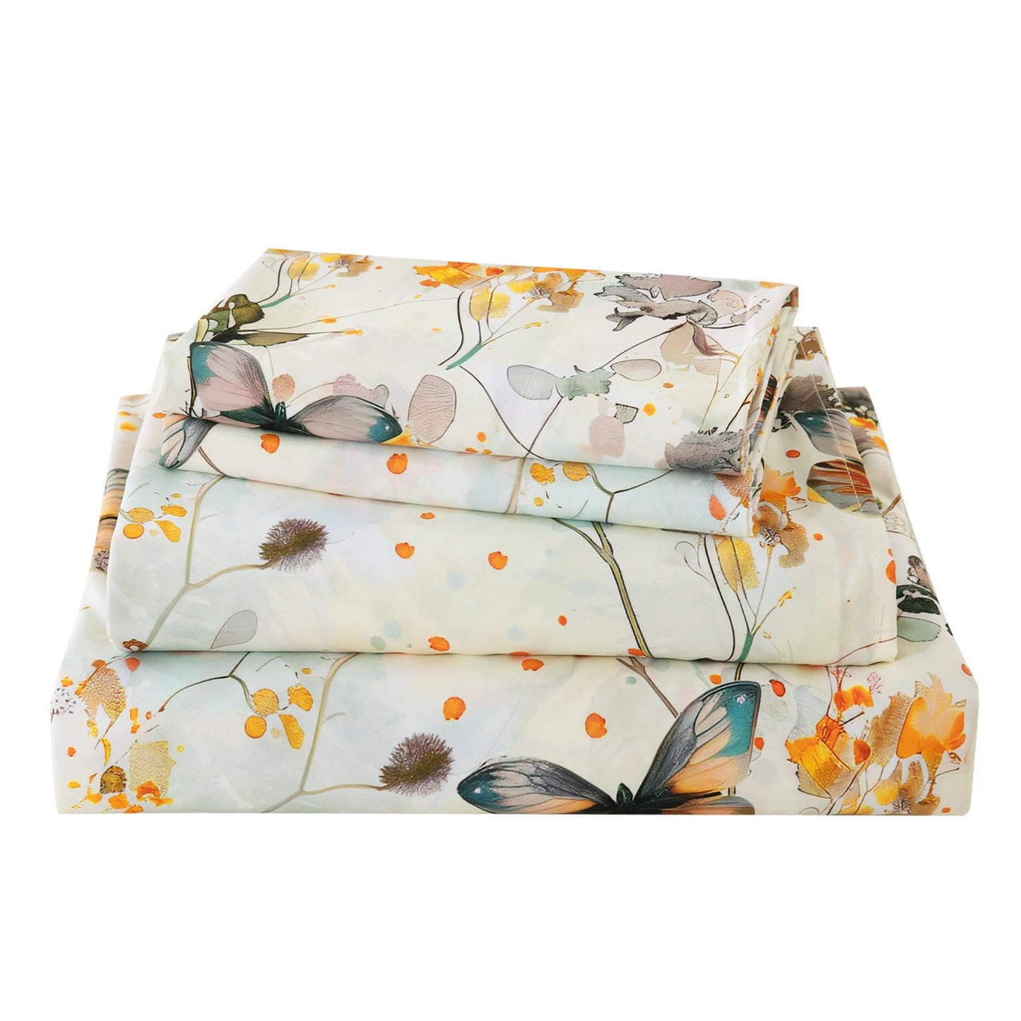 CozySmile Floral Printed Sheet Set King Size 4 Piece,Soft & Breathable Deep Pocket 16" Cooling Wrinkle Free Comforter Bed Set Botanical Pattern Sheets (King, Butterflies Dancing)