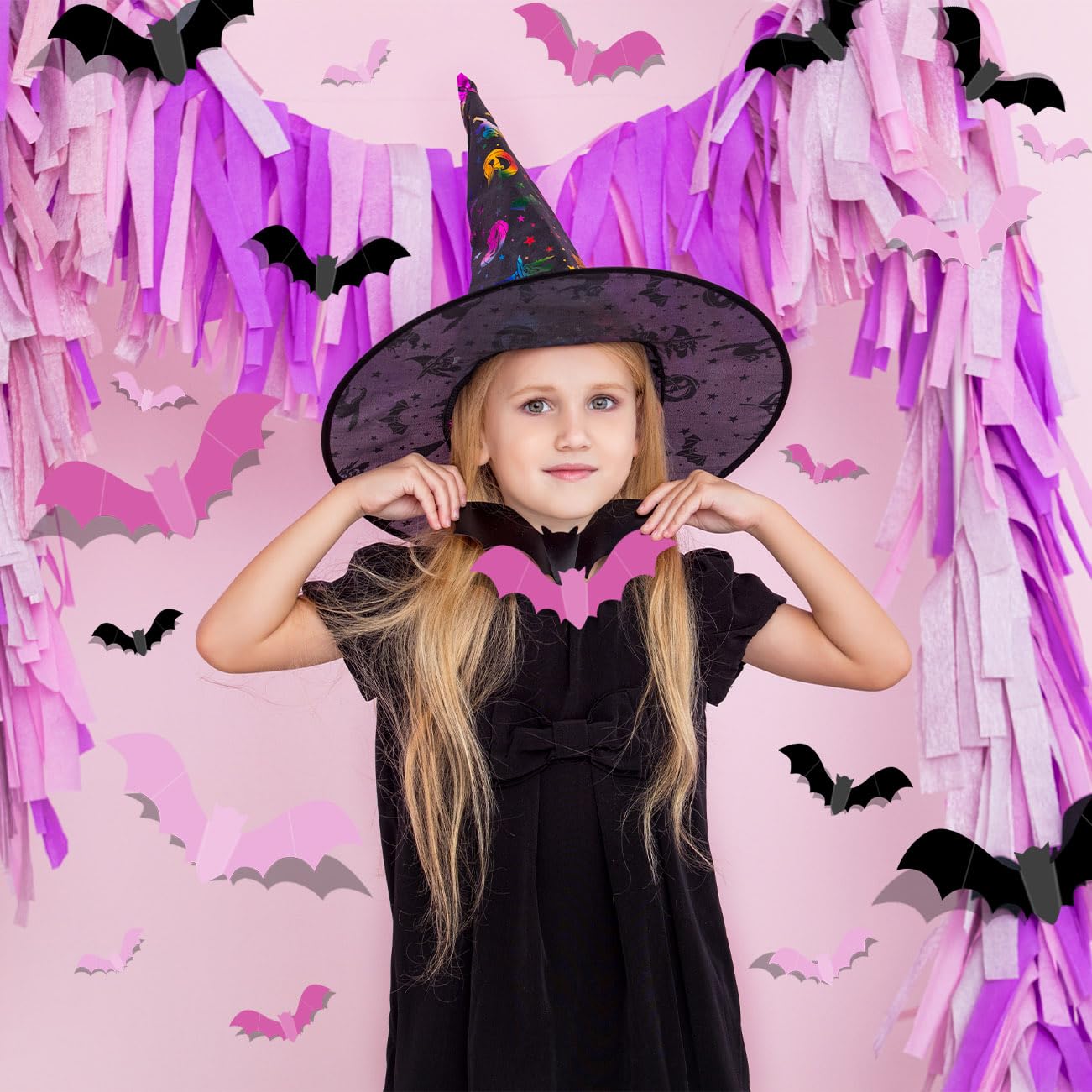 Pink Bats for Wall Halloween 3D Bat Blush and Black DIY Wall Decal Bathroom Indoor Cute Pastel Halloween, PVC Door Bats Stickers for Home (48pcs)