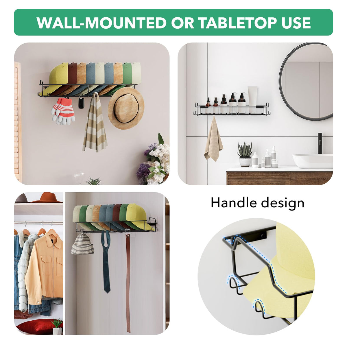 Wall Hat Racks for Baseball Caps, Each Metal Hat Organizer Fit 20 Caps, 3 Packs Sturdy Wall Mounted Hat Rack for Room Closet Display, Black