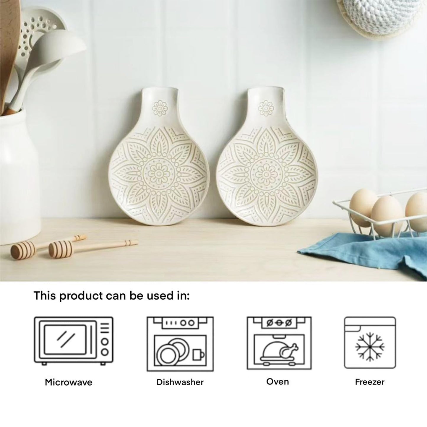 Ceramic Spoon Rest for Stove Top, 7.48 Inches Spoon Holder for Kitchen Counter, Kitchen Counter Decor, Dishwasher Safe, Off-White