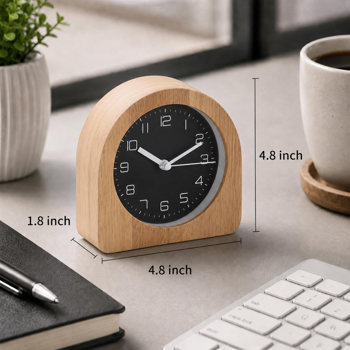 bakbrand Analog Alarm Clock 5" Silent Non-Ticking Small Solid Wood Desk Clocks Battery Operated Simple Style Retro Table Clock for Office/Bedroom/Kitchen/School/Bedside/Shelf (Light Wood, Arch)