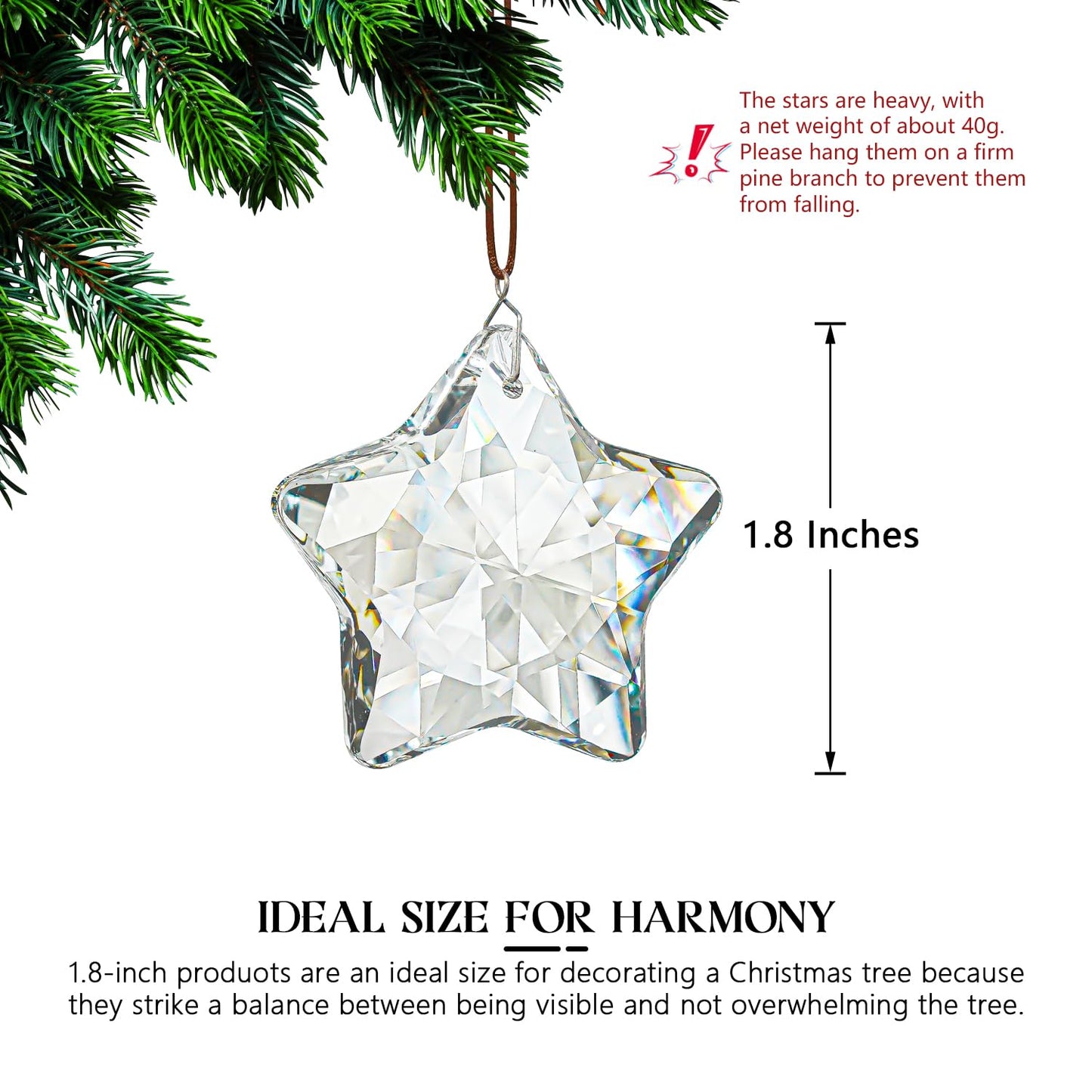H&D HYALINE & DORA Set of 6 Crystal Glass Christmas Ornaments Clear Faceted Glass Christmas Star Crystal Hanging Ornaments for Xmas Tree Winter New Year Party Supplies