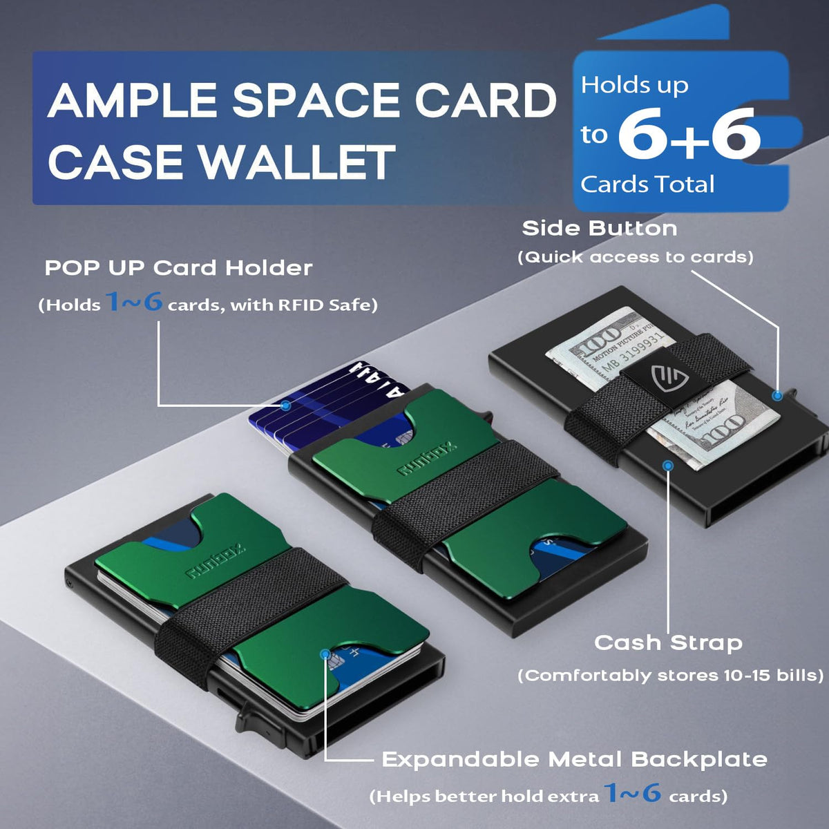RUNBOX Slim Card Holder Wallet for Men, Minimalist RFID Blocking Wallet with Pop-Up Function, Ultra-Thin Design, Metal Business Card Cases holds 6+6 Cards, Gifts for Men, Men's Accessories