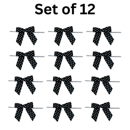 Black & White Polka Dots Pre-Tied Bows - 3" Wide, Set of 12, Grosgrain Ribbon, Wedding Embellishments, Gift Basket Decor, Party Favors, Birthday, Halloween, Christmas, Easter