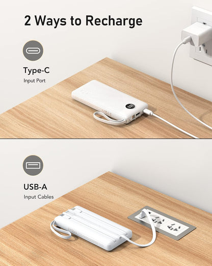VEEKTOMX Portable Charger Built-in Cables,10000mAh Power Bank for iPhone,Fast Charge USB C Battery Pack Travel Essentials Powerbank Compatible with iPhone 17/16/15/14, Samsung S25/24, Android, etc