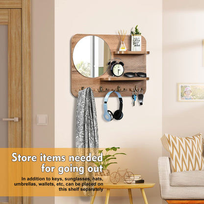 YeadCedle Wooden Key Rack with Mirror, Shelf and 4 Key Hooks for Rustic Entrances, Hallways, Living Rooms and Bedrooms - 16"x12" (Oak Color)