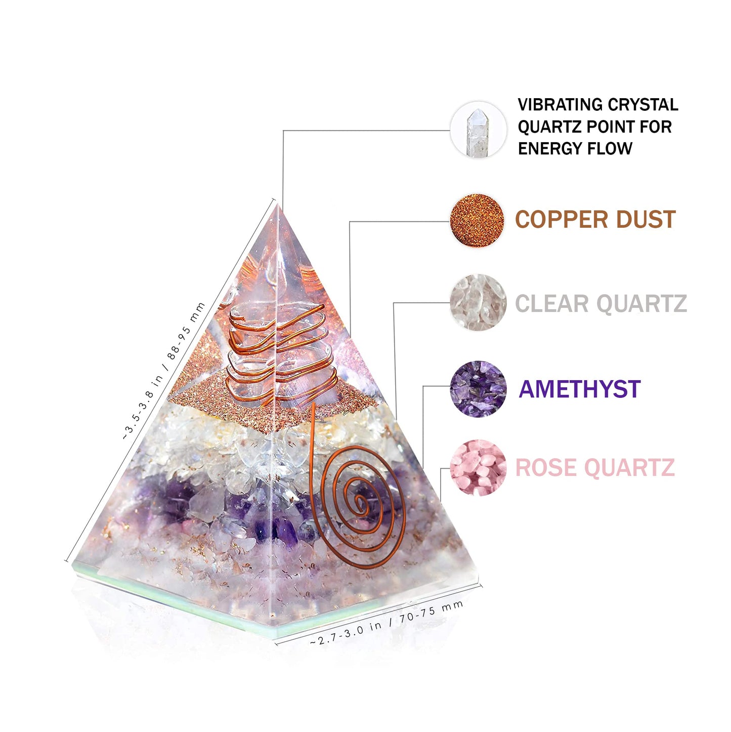 Amethyst, Rose Quartz, Clear Quartz Triple Layer Manifestation Orgonite Pyramid for Love, Success, Inner Peace, | Handmade crystal pyramid with Copper Coil and Crystal Quartz for Manifestation healing