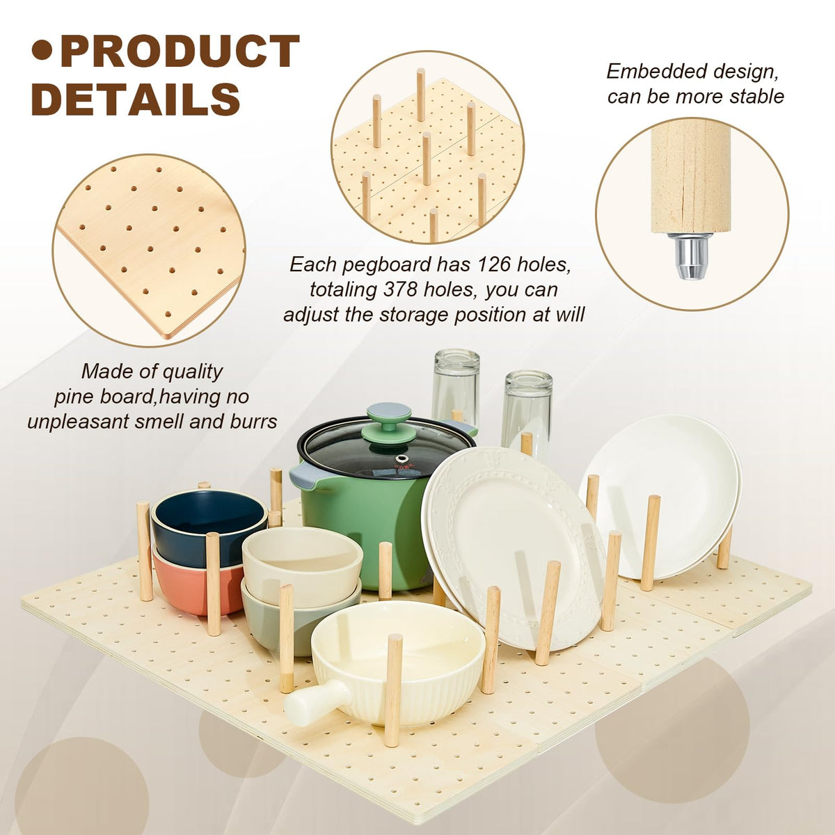Kigley 3 Pcs Wood Pegboard Drawer Organizer with 32 Pegs Wooden Peg Board Drawer Shelf Organizer Adjustable Peg System for Dishes Plate Pot Container Cookware Utensil Kitchen (Wood,20.98 x 5.91 in)
