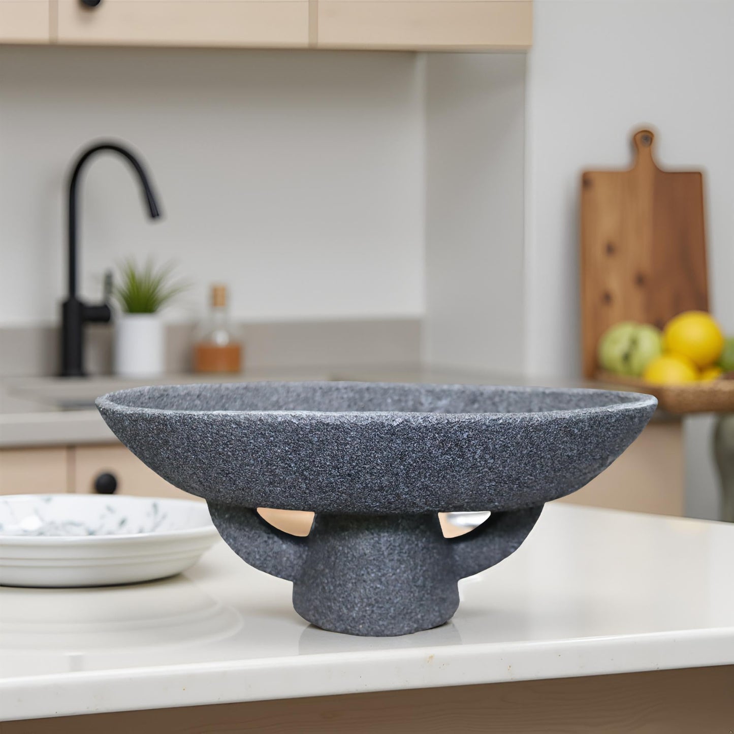 Boho Modern Decorative Bowl decor - Multi functional modern home Pedestal decoration bowl,Handicraft Bowls,Stylish Key Bowl for Entry Table,Fruit Bowls for Kitchen Counter,Artificial Stone Black
