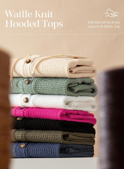 Dokotoo Hoodies for Women Waffle Knit Drawstring Button V Neck Long Sleeve Shirts Christmas Sweaters Pullover Sweatshirt Tops Lightweight Casual Cute Cozy Fall Winter Fashion Outfits Red X-Large