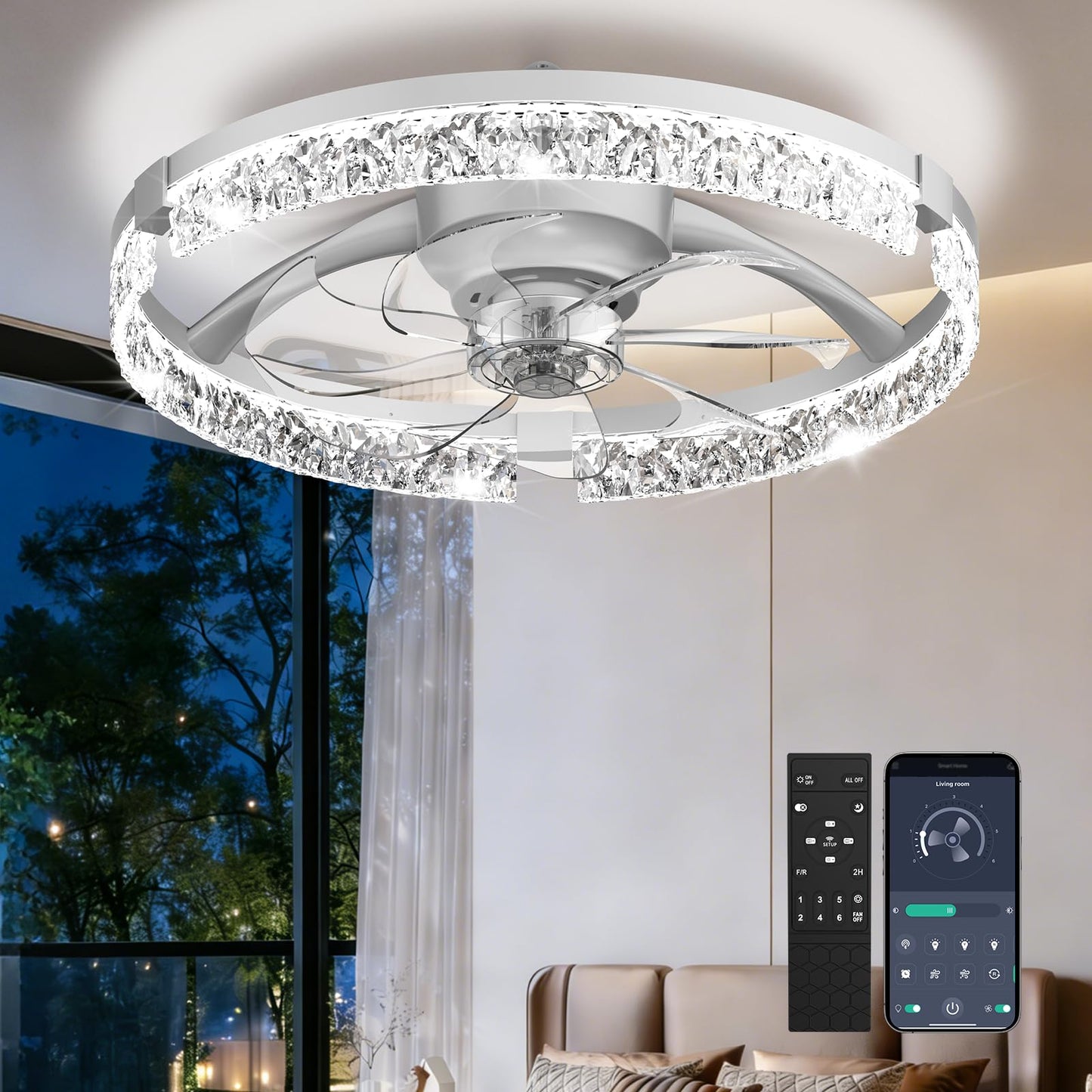 AIKVSXER 20" Low Profile Ceiling Fan with Light and Remote, Dimmable LED Flush Mount Ceiling Fan, 6 Speeds, White Modern Design for Bedroom/Living Room （White-Crystal）