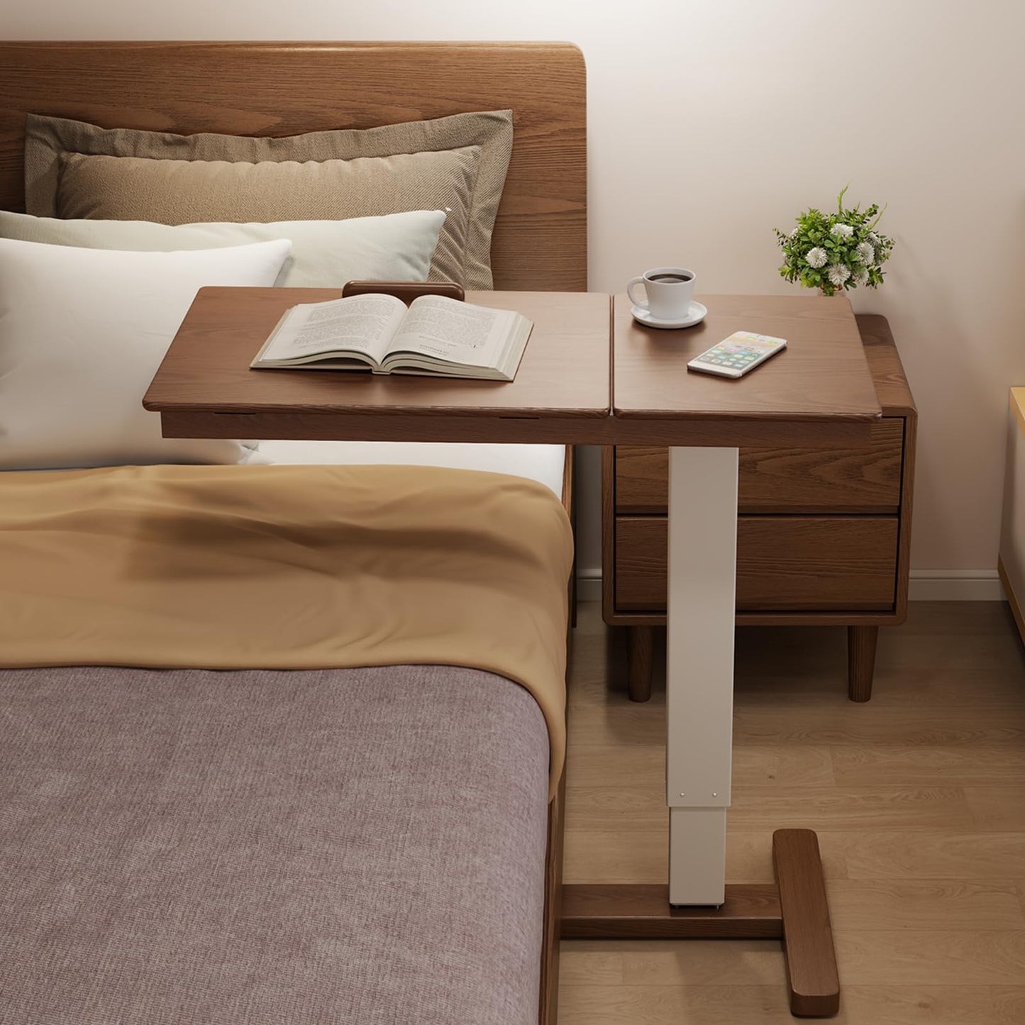 Muwuele Solid Wood Overbed Bedside Table with Wheels, Adjustable Medical Tilt Top Hospital Bed Table Over The Bed, Rolling Laptop Desk, Mobile Standing Desk for Hospital and Home Use (Walnut)