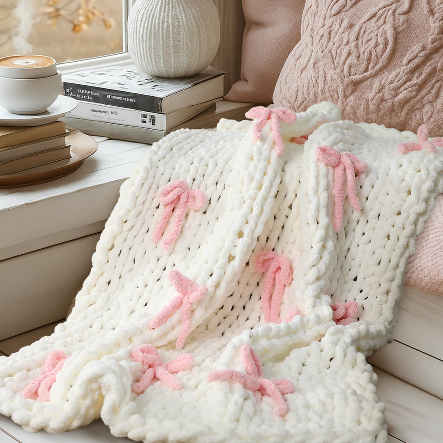 Mindsoft Pink Bow Chunky Knit Blanket Throw Large 50" X 60" 100% Handmade Cream Chenille Loop Yarn Fluffy Soft Knitted Throw Big Cozy Thick Cable Knit Crochet Blanket for Couch Sofa Bed