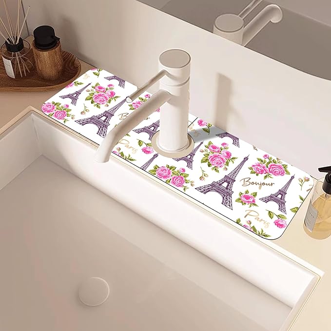 Romantic Eiffel Tower Roses Kitchen Sink Splash Guard Mat Absorbent Fast Drying