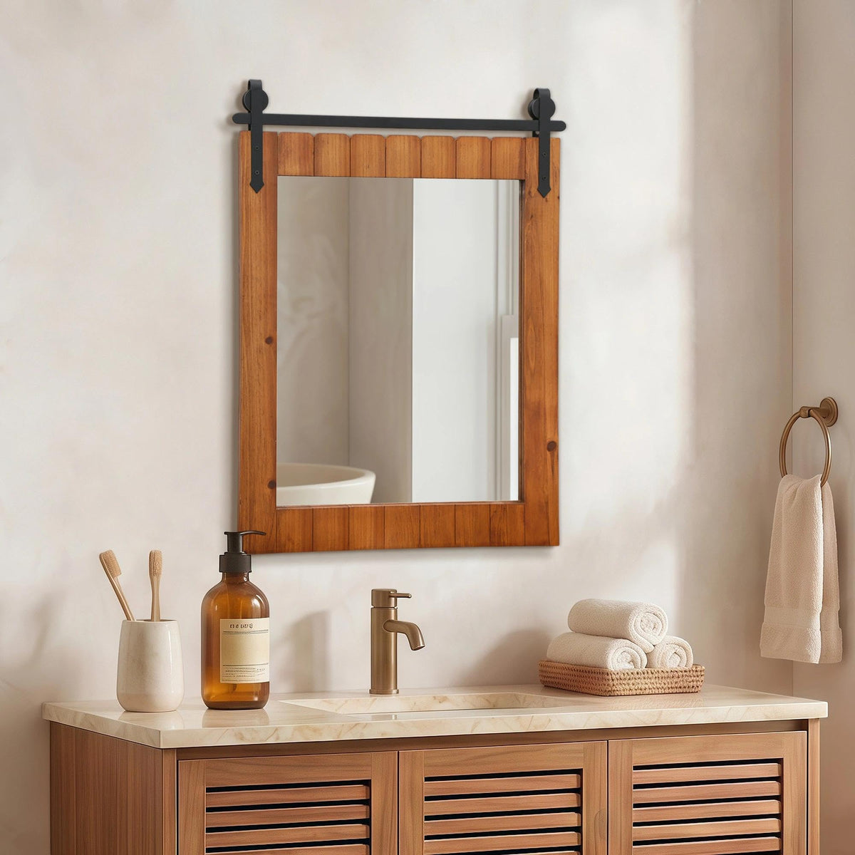 Besdomus Rustic Bathroom Farmhouse Mirror: 22"x30" Brown Western Barn Door Solid Cedar Wood Frame Vanity Mirror - Wall Mounted for Bathroom/Hallway/Living Room - Rustic Decor for Fashion-Conscious