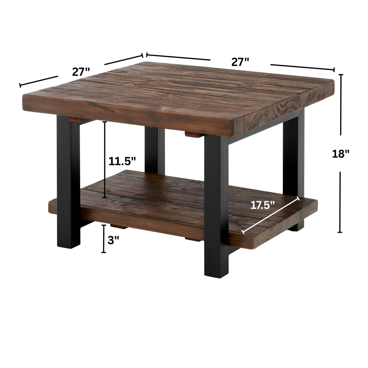 Pomona 27-Inch Square Solid Wood Coffee Table with Metal Legs – Modern Farmhouse Rustic Small Space Table by Alaterre Furniture (Rustic Brown)