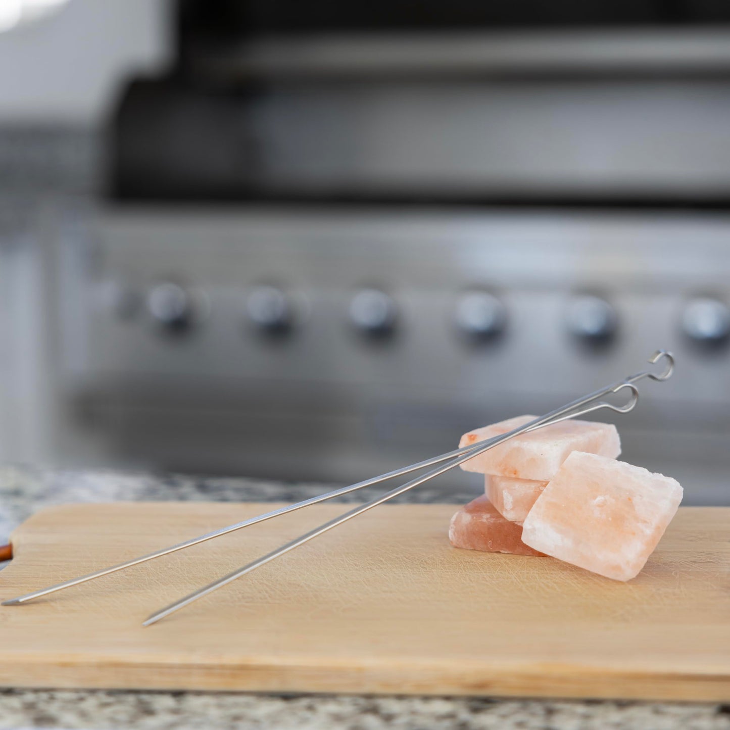 Outset Grill Skewers, Stainless Steel BBQ Skewers With Pink Himalayan Salt Cubes, 2 Skewers and 4 Cubes For Kabobs