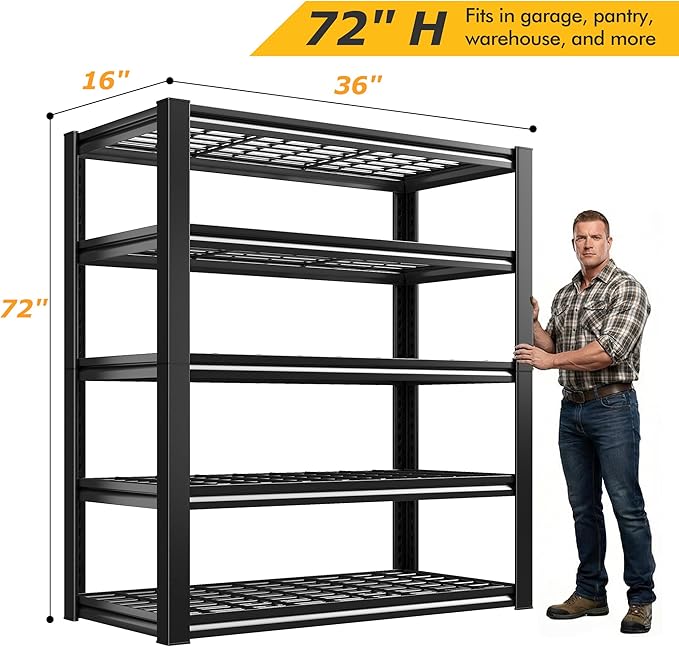 REIBII Garage Shelving 3200LBS, 5-Tier Storage Shelves, Adjustable Industrial Metal Shelving Unit for Garage, Basement, Pantry, Warehouse,Commercial, 36" W x 16" D x 72" H, 3 Pack