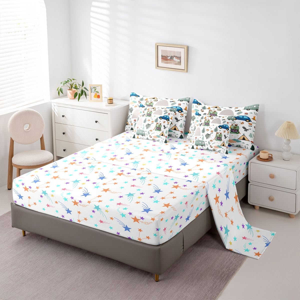 Feelyou Camper Theme Comforter Set With Sheets 7 Piece Twin Size Happy Camping Bedding Set for Kids Boys Girls Car Rv Accessories Bed in a Bag Mountain Adventure Room Decor Soft Lightweight Microfiber