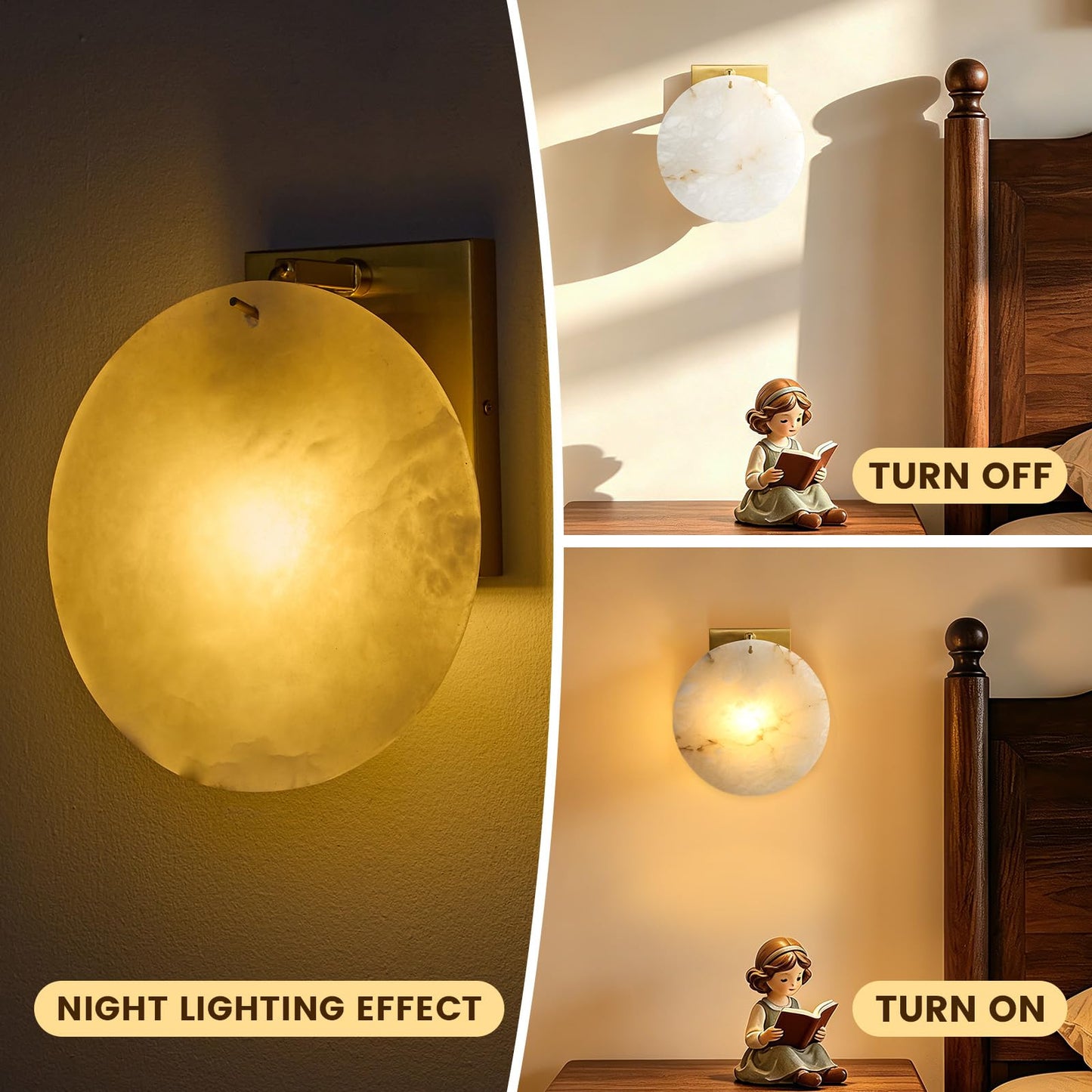 DLITISH Natural Alabaster Wall Sconce, 8.7 inch Round White Marble Wall Lamp with Gold Metal Base, Modern Alabaster Wall Light Fixture for Bedroom, Living Room, Dining Room, Hallway (E12 Bulb)